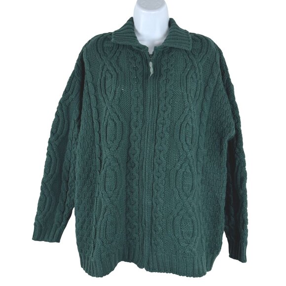 Aran Crafts Fisherman Sweater Medium Green Merino Wool Cable Knit NWT CJ-2135 - Picture 1 of 12